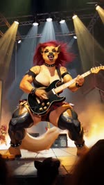 anthro atmospheric bottomwear bracelet clothing concert electric_guitar female fierce fire growling guitar hair jewelry knee_pads leather leather_clothing metal muscular muscular_female musical_instrument open_mouth plucked_string_instrument red_hair rock skirt solo spiked_bracelet spikes spotlight stage string_instrument yakudzaky hyaenid mammal animated hi_res webm