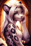 anthro breasts felid female hair looking_at_viewer magacitl mammal nipples pantherine small_breasts smile smiling_at_viewer snow_leopard solo solo_focus white_hair