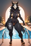 anthro big_breasts black_body black_fur black_hair black_sclera bleached breasts cameltoe clothing female footwear fur hair high_heels looking_at_viewer platform_footwear platform_heels pool raceplay_tattoo scp_foundation slingshot_swimsuit solo swimwear tattoo thick_thighs wide_hips yuroart mal0 scp-1471 scp-1471-a canid canine malo mammal monster absurd_res hi_res