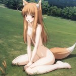 female forest kneeling looking_at_viewer nude plant solo spice_and_wolf tree holo_(spice_and_wolf) animal_humanoid canid canid_humanoid canine canine_humanoid canis humanoid mammal mammal_humanoid wolf_humanoid