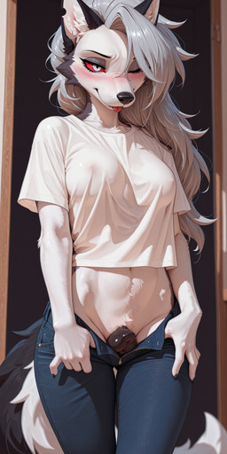 animal_genitalia animal_pussy anthro black_claws blue_bottomwear blue_clothing blue_jeans blue_pants blush bottomwear breasts canine_ears canine_genitalia canine_nose canine_pussy claws clothing crotch_tuft denim denim_clothing doorway eyeshadow female fluffy fluffy_tail genitals grey_eyes grey_eyeshadow hair inner_ear_fluff jeans makeup midriff navel nipple_outline one_eye_closed pants presenting presenting_pussy pussy red_sclera seductive shirt silver_hair smile solo standing standing_in_doorway t-shirt tail tongue tongue_out topwear tuft unzipped whisker_spots white_clothing white_shirt white_t-shirt white_topwear whigwham helluva_boss loona_(helluva_boss) canid canine mammal absurd_res hi_res