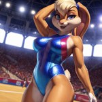 anthro blonde_hair blue_eyes breasts clothed clothing countershading eyeshadow female glitter hair leotard looking_at_viewer looney_tunes makeup ponytail scut_tail short_tail smile solo sportswear stadium tan_body tight_clothing nsfjerk lola_bunny lagomorph leporid mammal rabbit hi_res