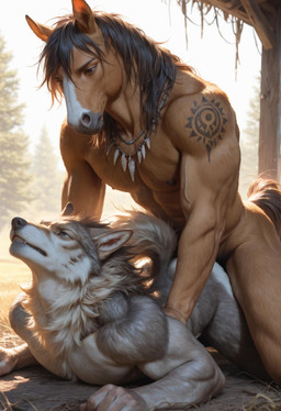 abs all_fours anal anal_penetration anthro anthro_on_anthro anthro_penetrated arched_back arm_tattoo athletic athletic_anthro athletic_male beads biceps black_nose brown_body brown_eyes brown_fur clenched_teeth dark_nipples deep_penetration duo ears_back eye_roll from_behind_position fur grey_body grey_eyes grey_fur hair inner_ear_fluff interspecies light male male/male male_on_anthro male_penetrated male_penetrating male_penetrating_anthro male_penetrating_male mane mane_hair multicolored_body muscular muscular_anthro muscular_male neck_tuft nipples nude on_ground outside pecs penetration pivoted_ears sex small_waist stable sunlight tattoo teeth triceps tuft veiny_biceps veiny_muscles gray_wlf canid canine canis equid equine horse mammal wolf absurd_res hi_res