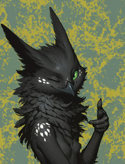 abstract_background anthro beak black_body black_fur breasts claws featureless_breasts female fluffy fur gesture green_sclera looking_at_viewer neck_tuft nude one_eye_closed pointing pointing_at_viewer side_view slim small_breasts smile solo spots spotted_body spotted_fur tuft wink winking winking_at_viewer oldhroft shadow_(oldhroft) avian velari bust_portrait hi_res portrait