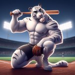 anthro ball ball_gag baseball_bat bat_(object) clothing gag gloves handwear kneeling light male muscular nipples shirtless solo stadium zidanes123 felid mammal pantherine tiger baseball_(disambiguation)