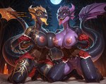 anthro bedroom_eyes big_breasts big_butt black_body black_scales black_skin blue_body bodice bodily_fluids bottomwear breast_grab breast_play breast_squish breasts butt candle clothing dialogue dragoness dress duo duo_focus exposed_breasts feet female forest genitals glistening glistening_body glistening_breasts glowing glowing_mouth group hand_on_breast holding_breast horn huge_ass huge_breasts kneeling logo long_tail long_tongue looking_at_another looking_at_viewer mattress moon multicolored_body mythology narrowed_eyes night nipples nude open_mouth plant presenting presenting_pussy puffy_nipples purple_eyes pussy red_clothing red_dress scales seductive shaking sharp_teeth skirt smile squish sweat tail tattoo teeth text tongue tongue_out tree two_tone_body wet wet_body yellow_eyes yellow_horn saturnvsmarsfurry dragon kobold mythological_creature mythological_scalie scalie absurd_res detailed hi_res signature