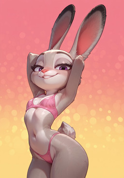 anthro bikini clothing disney female fur grey_body grey_fur hands_behind_head looking_at_viewer narrowed_eyes pinup pose smile solo solo_focus standing swimwear thick_thighs wide_hips cisky zootopia judy_hopps lagomorph leporid mammal rabbit absurd_res hi_res