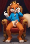 3_toes anthro balls barefoot beckoning bedroom_eyes biped blue_clothing blue_eyes bottomless bottomless_male buckteeth chair clothed clothing crown erection feet fingers foreskin fur furniture genitals gesture glans gloves handwear headgear hoodie humanoid_genitalia humanoid_penis looking_at_viewer male narrowed_eyes orange_body orange_fur penis presenting presenting_penis royalty seductive sitting smile solo tail tan_body teeth text throne toes topwear white_clothing white_gloves white_handwear sergalbutt conker's_bad_fur_day rareware conker mammal rodent sciurid tree_squirrel hi_res signature url