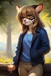 amber_eyes anthro bottomwear clothing dark_blonde female jean_jacket pants smile solo tan_bottomwear tan_clothing tan_pants mindry elysa_(mindry) felid feline leopardus mammal margay attempted_signature