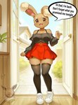 anthro bottomwear clothing female legwear skirt solo stockings text eevee_ai_arts nintendo pokemon buneary generation_4_pokemon lagomorph leporid mammal pokemon_(species) rabbit english_text