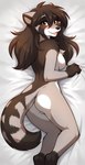 anthro bed blush breasts brown_body brown_fur brown_hair butt female fur furniture green_eyes hair looking_at_viewer looking_back lying nude side_boob smile solo twokinds white_body white_fur anontk raccoon_girl_(tom_fischbach) canid canine keidran mammal procyonid raccoon hi_res