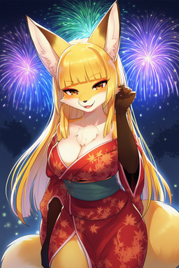 anthro asian_clothing blonde_hair breasts brown_eyes chest_tuft chizue_(jack_the_rabbit) clothing dipstick_ears east_asian_clothing female fireworks gloves_(marking) hair hime_cut japanese_clothing kimono markings medium_breasts multicolored_ears night solo tuft jack_the_rabbit canid canine fox mammal hi_res novelai