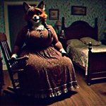 anthro bed bedroom chair clothed clothing curvy_figure doorway dress female furniture grainy nightmare_fuel overweight overweight_anthro overweight_female photorealism pigtails rocking_chair smile solo thick_thighs voluptuous wide_hips canid canine fox mammal