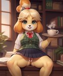 animal_crossing anthro beverage bottomless bottomless_female bottomwear clothed clothing coffee_cup container cup cute_expression desk exposed female furniture genitals office pussy sitting_on_table skirt smile solo spread_legs spreading table director_lerrmot isabelle_(animal_crossing) canid canine canis domestic_dog mammal hi_res story story_in_description