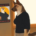 big_breasts black_clothing black_nose black_shirt black_topwear bottomwear breasts brown_body brown_eyes brown_fur clothed clothing eyes_closed female fur inside pants poster shirt smile solo standing tan_body tan_fur text topwear otteranon canid canine canis domestic_dog german_shepherd herding_dog lutrine mammal mustelid pastoral_dog english_text