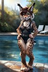 anthro bangs big_feet black_clothing black_swimwear breast_tuft breasts brown_hair camel_toe cat_nose cheek_tuft chest_tuft clothing curvy_figure cute_fangs ear_tuft eyelashes facial_tuft feet female front_view golden_eyes hair hand_on_hip long_eyelashes looking_at_viewer mature_female medium_breasts nipple_outline one-piece_swimsuit pawpads pink_nose pink_pawpads pool presenting sagging_breasts short_hair slightly_chubby solo standing swimwear translucent translucent_clothing tuft nightdancer zaire felid feline lynx mammal full-length_portrait hi_res portrait