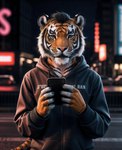 amber_eyes ambiguous_gender anthro black_body black_clothing black_fur black_hair cellphone city city_background claws clothed clothing fur hair hoodie inner_ear_fluff looking_at_viewer orange_body orange_fur outside phone smartphone solo topwear tuft white_body white_fur lewdtf felid mammal pantherine tiger absurd_res hi_res