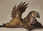 anthro arms_crossed avian avian_feet beak big_butt brown_body brown_eyes brown_feathers butt claws feathers fur gauss lying male multicolored_body nude on_front scuted_arms scuted_legs scutes simple_background solo stripes tail_feathers tan_body tan_fur two_tone_body