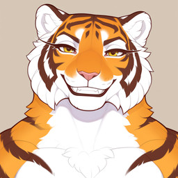anthro chest_tuft eyelashes female fur grin long_eyelashes looking_at_viewer neck_tuft orange_body orange_fur sharp_teeth simple_background smile solo stripes teeth tuft white_body white_fur yellow_eyes magicraven felid mammal pantherine tiger portrait