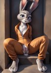 anthro clothing crotchless_clothing ears_up female genitals jumpsuit looking_at_viewer presenting presenting_pussy pussy sitting smile solo spread_legs spreading wardrobe_malfunction zootopia wolf552906 judy_hopps lagomorph leporid mammal rabbit absurd_res hi_res