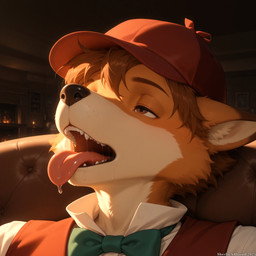 anthro black_nose bodily_fluids bowtie brown_eyes brown_hair clothing dress_shirt drooling fur furniture hair hat headgear headwear inside looking_pleasured looking_up male mouth_shot narrowed_eyes open_mouth orange_body orange_fur saliva shirt sitting sofa solo tan_body tan_fur teeth tongue tongue_out topwear vest sherlock_hound_(director) sherlock_hound canid canine fox mammal headshot_portrait hi_res portrait watermark