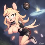 anthro blonde_hair breasts clothed clothing collar female floating footwear green_eyes hair hi_res jumpsuit mammal medium_breasts mouse multi_tail murid murine planet rodent shoes sklimaa solo space topless zero_gravity