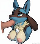 anotherarcticfox anthro big_breasts bodily_fluids breasts canid chest_spike disembodied_penis fellatio female generation_4_pokemon genitals lucario male mammal neck_tuft nipples oral penile penis pokemon_(species) saliva sex simple_background spikes spikes_(anatomy) tongue tuft white_background