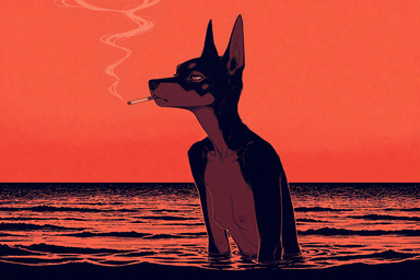 anthro athletic athletic_anthro athletic_female black_body black_fur black_nose breasts brown_body brown_fur cigarette cigarette_in_mouth collarbone elbow_tuft expressionless female fur head_tuft horizon leaning leaning_forward looking_away multicolored_body multicolored_fur neck_tuft nipples nude nude_anthro nude_female outside partially_submerged sea shoulder_tuft side_boob side_view sky slim_body slim_female small_breasts smoke smoking solo standing standing_in_water tired_eyes tuft twilight two_tone_body two_tone_fur water whisker_spots knotanotherfurry shotgun_(character) canid canine canis dobermann domestic_dog mammal pinscher hi_res restricted_palette