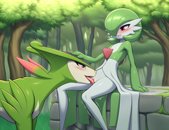anthro anthro_on_feral bestiality blush cunnilingus duo female female/female feral forest genitals green_body hand_on_head looking_down moss open_mouth open_smile oral outside plant pussy sex shaking sitting smile standing tree tremble_spikes trembling vaginal white_body lightning7 nintendo pokemon gardevoir generation_3_pokemon generation_5_pokemon legendary_pokemon pokemon_(species) virizion absurd_res hi_res