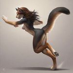 anthro brown_hair digitigrade female fur hair long_hair multicolored_body multicolored_fur nude running side_view simple_background smile solo tasteful_nudity director_crashbandit felid mammal pantherine novelai