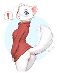 anthro blue_eyes blush blush_lines bottomless bottomless_anthro bottomless_female breasts butt clothed clothing emanata embarrassed exclamation_point eyebrows eyelashes female female_anthro fluffy fluffy_tail fur looking_at_viewer looking_back looking_back_at_viewer monotone_body motion_lines no_underwear open_mouth pink_nose raised_tail rear_view red_clothing red_sweater red_topwear shy simple_background solo speech_bubble standing suprise sweater tail tail_motion tailwag topwear tuft white_body white_fur verbotenvertex mammal mink mustela mustelid musteline stoat true_musteline absurd_res hi_res portrait shaded three-quarter_portrait