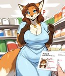 after_transformation anthro big_breasts blue_eyes breasts brown_hair cleavage clothed clothing dress duo female hair implied_transformation jewelry mature_female orange_body question_mark solo_focus store supermarket text transformation wide_hips quicklime canid canine fox mammal hi_res