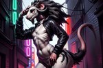 anthro city city_background clothing female flat_chested genitals hair horn jacket neon_lights nipples pussy rat_tail skinny solo solo_focus topwear wide_hips redactedpaws mammal murid murine rat rodent skaven