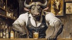 alcohol anthro bar beverage bottle clothing cocktail coveralls horn male muscular picture_frame pink_ears shirt speakeasy topwear white_clothing white_shirt white_topwear bahufaru balus_bubalis bovid bovine mammal true_buffalo water_buffalo