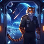 alien_planet anthro black_stripes blue_eyes clothing felid fur male mammal markings meteor_shower nikkolaus orange_body orange_fur pantherine planet solo space space_station spacecraft spacecraft_interior striped_body striped_fur striped_markings striped_tail stripes tail_markings tiger uniform vehicle