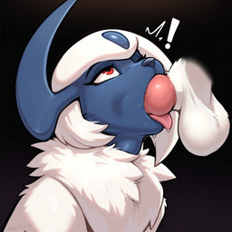 ambiguous_gender animal_genitalia animal_penis anthro bodily_fluids canine_genitalia canine_penis dark_background deep_throat disembodied_penis duo exclamation_point fellatio femboy forehead_gem genitals horn knot looking_up_at_partner male neck_bulge neck_tuft one_eye_closed oral penile penis red_eyes saliva sex solo_focus tongue tongue_out tuft anotherarcticfox nintendo pokemon absol generation_3_pokemon pokemon_(species) hi_res