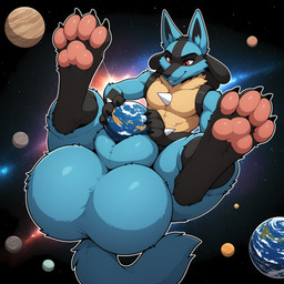 animal_genitalia anthro balls big_balls genitals huge_balls hyper hyper_balls hyper_genitalia macro male muscular object_in_sheath pawpads sheath solo space thedavid nintendo pokemon generation_4_pokemon lucario pokemon_(species) hi_res
