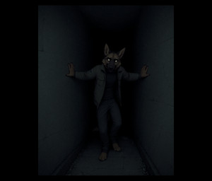 4_toes 5_fingers anthro bags_under_eyes black_body black_claws black_clothing black_fur black_lips black_nose blue_bottomwear blue_clothing blue_pants bottomwear canine_nose canine_teeth cheek_markings cheek_tuft claws clothing corridor dim_lighting dirty facial_markings facial_tuft feet finger_claws fingers fur green_clothing green_jacket green_topwear hands_on_wall head_markings head_tuft inner_ear_fluff jacket letterbox lips looking_at_viewer male markings neck_tuft pants pockets pupils scar scared small_pupils solo stone_wall sweater tail tan_body tan_fur toes topwear tuft turtleneck walking_towards_viewer wall_(structure) wide_eyed knotanotherfurry canid canine canis domestic_dog german_shepherd herding_dog mammal pastoral_dog 2025 absurd_res dark_theme hi_res