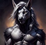 anthro auykac fluffy_fur fur golden_eyes grey_body grey_fur grey_hair hair hi_res long_hair male muscular portrait solo