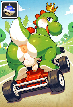 anthro anus balls barefoot blush bodily_fluids butt cloud crown day feet genitals grass looking_at_viewer looking_back looking_back_at_viewer male motion_blur motion_lines nude open_mouth open_smile penis plant smile soles solo sweat sweaty_body vehicle anonymous_director mario_kart super_mario_bros dinosaur reptile scalie yoshi hi_res