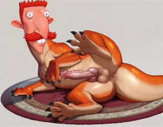 animal_genitalia anus balls black_claws bodily_fluids claws countershading feral frill_(anatomy) genital_fluids genitals knot leaking_precum lying male mythology on_side orange_body penis precum pupils sheath simple_background solo tan_body tan_countershading vein veiny_penis white_eyes latiodile nigel_thornberry dragon mythological_creature mythological_scalie scalie wingless_dragon hi_res