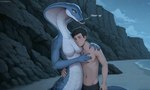 anthro apode beach blue_body blue_scales bottomwear breasts claws cliff clothing cloud comfort duo embrace featureless_breasts female finger_claws forked_tongue hand_on_shoulder hand_on_side hug legless male male/female night orange_eyes outside pants scales sea seaside serpentine shirtless stubble text tired tired_eyes tongue water terraraptor cobra draconcopode human mammal naga reptile scalie snake