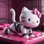 accessory bdsm bed bedroom bowtie clothed clothing desk domestic_cat felid feline felis female footwear furniture hello_kitty_(character) latex looking_at_viewer mammal partially_clothed pillow rubber rubber_clothing rubber_suit sex_toy shoes smile solo straps table