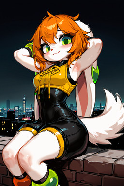 anthro blush city city_background clothed clothing female green_eyes looking_at_viewer night sitting solo xerberus0 freedom_planet milla_basset canid canine canis domestic_dog mammal hi_res
