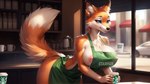 anthro apron apron_only beverage big_breasts blue_eyes bodily_fluids breasts canid canine chest_tuft clothing coffee female fox fur hi_res lactating mammal milk mostly_nude nipple_outline nipples orange_body orange_fur seductive smile solo three-quarter_view tuft vince_ai white_body white_fur