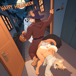animal_genitalia animal_penis anthro anthro_on_anthro anthro_penetrated anthro_penetrating anthro_penetrating_anthro anus balls balls_deep blush bodily_fluids bottomless butt canine_genitalia canine_penis clothed clothing costume dessert duo duo_focus female food fur genital_fluids genitals group halloween hat headgear headwear healer_cosplay holidays knot_hanging knotting male male/female male_anthro male_penetrating night outside penetration penile penile_penetration penis public public_sex robe sex smile tail trick-or-treating vaginal vaginal_knotting vaginal_penetration wizard_costume k01 canid canine canis domestic_dog mammal hi_res