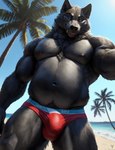 anthro beach biceps black_body black_fur black_nose blep blue_eyes body_hair bulge canid canine canis clothed clothing conchiglie day detailed detailed_background detailed_fur fangs fur happy_trail looking_at_viewer low-angle_view male mammal musclegut muscular muscular_anthro muscular_male navel nipples outside palm_tree pecs plant sand seaside seductive sky solo speedo standing swimwear tongue tongue_out topless tree tuft water wolf