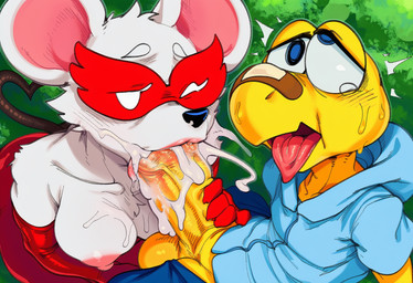 anthro anthro_on_anthro anthro_penetrated balls big_penis blush bodily_fluids bottomless breasts clothed clothing cum cum_in_mouth cum_inside cum_on_body cum_on_face cum_on_penis cumshot duo ejaculation erection eyewear fellatio female fur genital_fluids genitals gesture half-closed_eyes hoodie humanoid_genitalia humanoid_penis interspecies looking_pleasured looking_up male male/female male_penetrating narrowed_eyes nipples open_mouth oral oral_penetration orgasm orgasm_face outside penetration penile penis plant red_body saliva sex sweat tail tail_gesture tail_heart tongue tongue_out topwear vein veiny_penis white_body yellow_body hellsonger mario_bros nintendo paper_mario koops ms._mowz mammal rodent