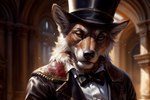 anthro bowtie classy clothing ear_tuft embers facial_tuft hat headgear headwear jacket male old solo solo_focus steampunk top_hat topwear tuft whisker_spots canineluvr19 canid canine canis coyote mammal hi_res