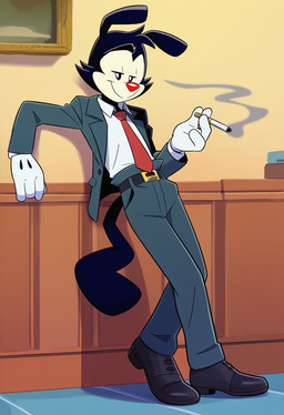 aged_up anthro belt belt_buckle black_body black_fur bottomwear cigarette clothed clothing footwear fur gloves handwear holding_cigarette holding_object inside leaning leaning_backward leaning_on_wall legwear looking_at_viewer male necktie office_clothing shirt shoes smile smoke smoking solo suit suit_jacket topwear white_body boxen549 animaniacs warner_brothers yakko_warner inkblot mammal hi_res novelai